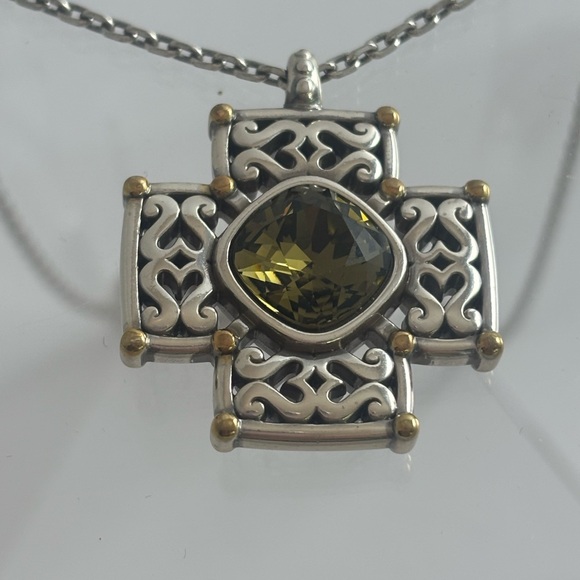 Brighton Jewelry - Brighton Deauville Silver and Gold Cross Necklace with Green Gem